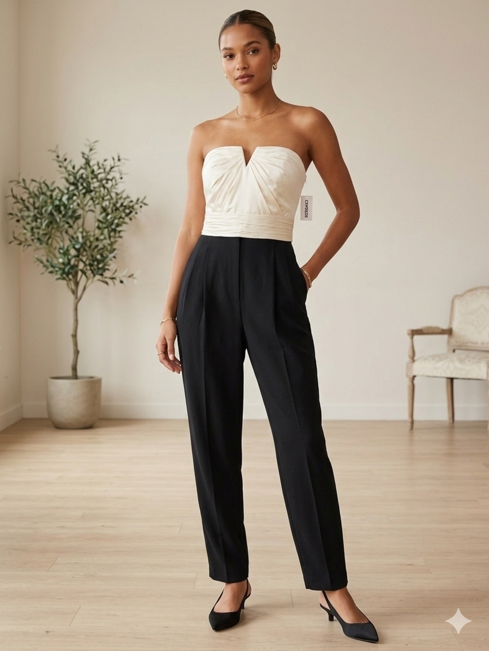 Express Strapless Two-Tone Jumpsuit - Cream & Black